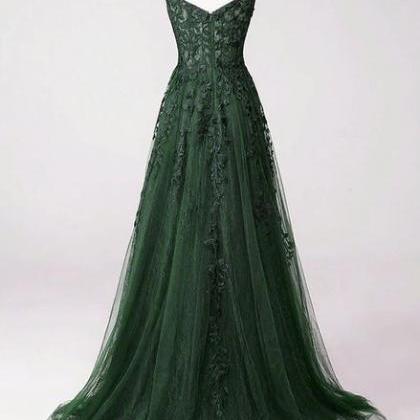 Green Straps Tulle With Lace Party Dress..