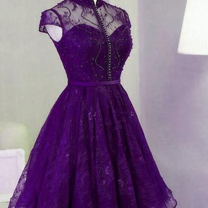 Purple Lace Knee Length Homecoming Dress Lace..