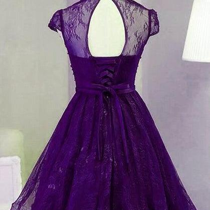 Purple Lace Knee Length Homecoming Dress Lace..