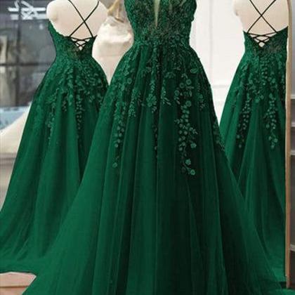 Dark Green A-line V-neckline Tulle And Lace Party..