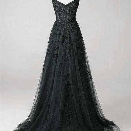 Black Lace Straps Beaded A-line Prom Dress Party..