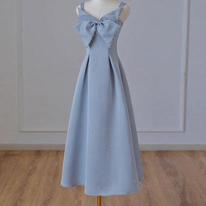 Blue Tea Length Satin Straps Formal Dress A-line..