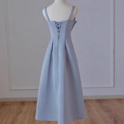 Blue Tea Length Satin Straps Formal Dress A-line..