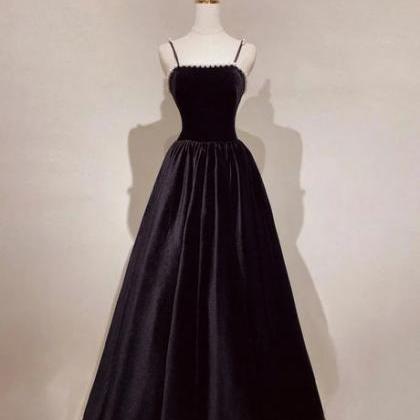 A-line Black Velvet Floor-length Prom Dress Pearls..