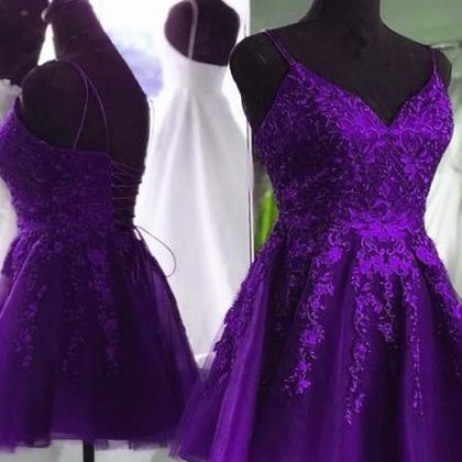 V Neck Beaded Purple Lace Prom Dress Lace..