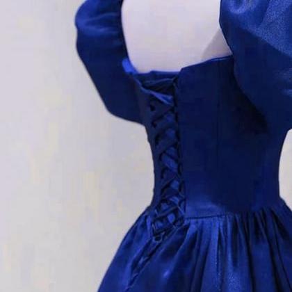 Royal Blue Satin Short Sleeves Wedding Party Dress..