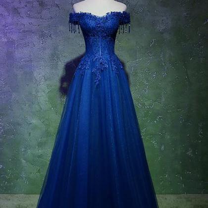 A-line Off Shoulder Blue Beaded And Lace Long..