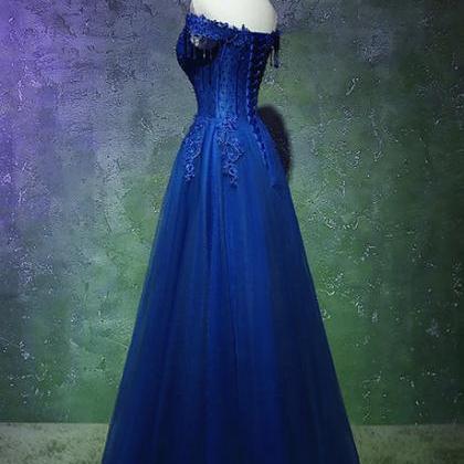 A-line Off Shoulder Blue Beaded And Lace Long..
