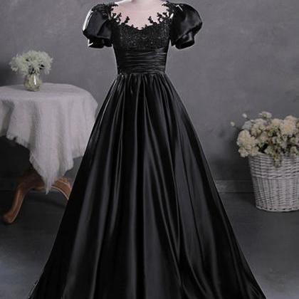 Black Satin A-line Floor Length Long Party Dress..