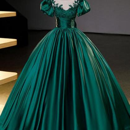 Dark Green Satin Ball Gown Sweet 16 Dress Long..