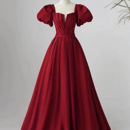 Wine Red Short Sleeves A-line Floor Length Party..