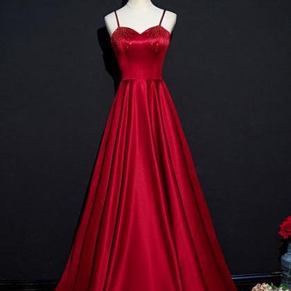 Wine Red Satin Beaded Sweetheart Party Dress..