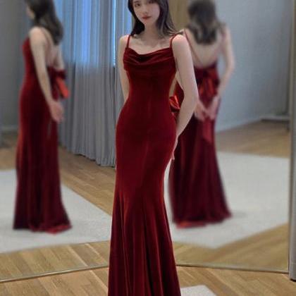 Wine Red Velvet Beaded Halter A-line Party Dress, Wine Red Velvet Long Formal Dress
