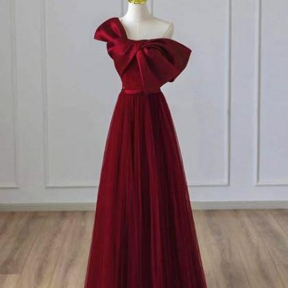 Wine Red Satin And Tulle A-line Simple Prom Dress..