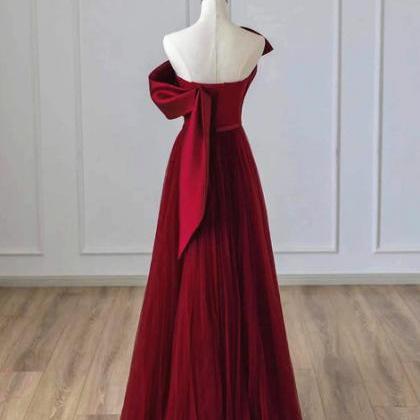 Wine Red Satin And Tulle A-line Simple Prom Dress..