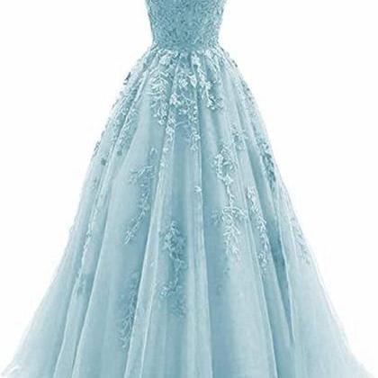 Light Blue Straps Cross Back Tulle With Lace..
