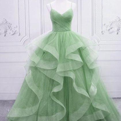 Light Green Layers Tulle Straps Long Formal Dress..