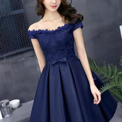 Navy Blue Lace And Satin Off Shoulder Party Dress..