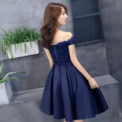 Navy Blue Lace And Satin Off Shoulder Party Dress..