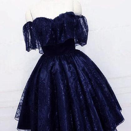 Navy Blue Lace Short Off Shoulder Prom Dress..