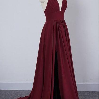 Wine Red Chiffon High Slit Long Party Dress Formal..