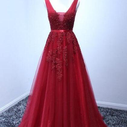 Wine Red V-neckline Tulle Long Prom Dress Floor..