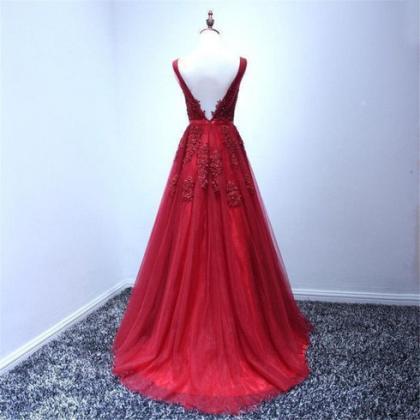 Wine Red V-neckline Tulle Long Prom Dress Floor..