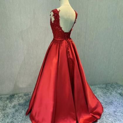 Red Satin V-neckline Floor Length Prom Dress,..