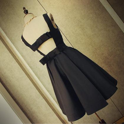 Short Black Satin Knee Length Homecoming Dress..