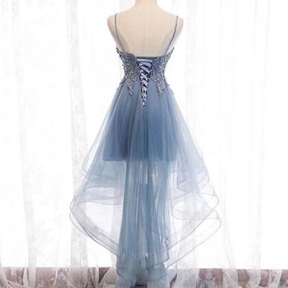 Blue High Low Tulle V-neckline Straps Party Dress..