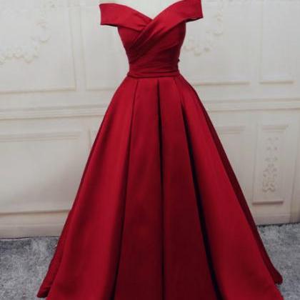 Red Satin Off Shoulder Handmade Long Formal Dress..
