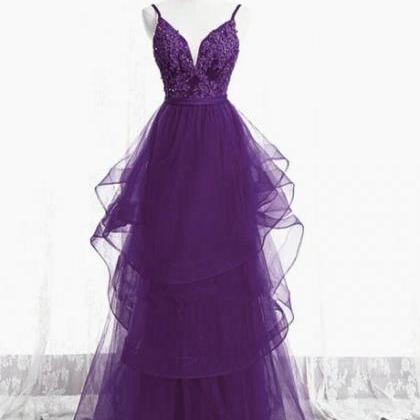 Purple Tulle Layers With Lace Long Evening Dresses..