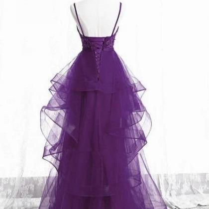 Purple Tulle Layers With Lace Long Evening Dresses..