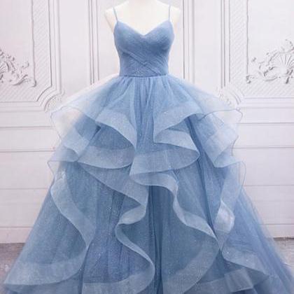 Blue Tulle Layers Long Party Dress Prom Dress..