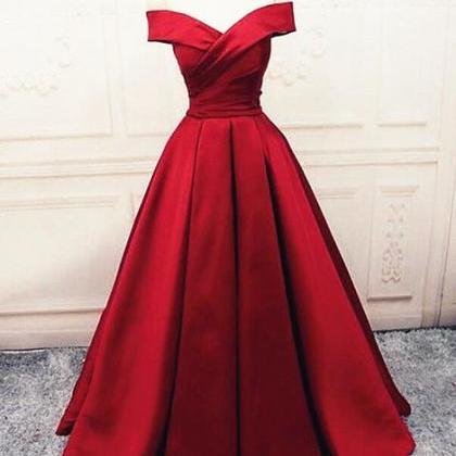 Dark Red Satin Simple Off Shoulder Prom Dress..