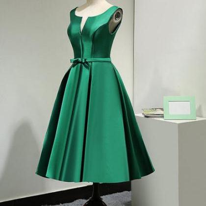 Green Satin Tea Length Bridesmaid Dress Formal..