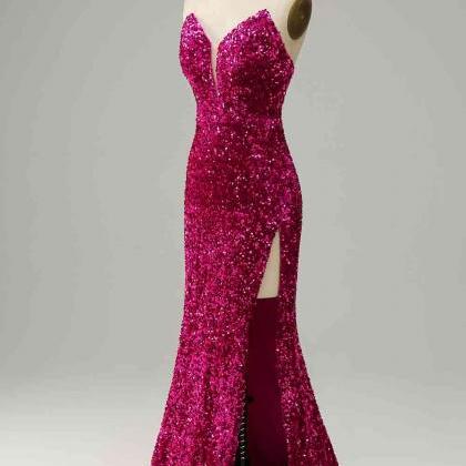 Fuchsia Strapless Sequins Long Prom Dress With..