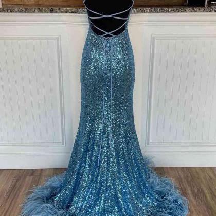 Long Sequined Blue Straps Prom Dress With Feather..