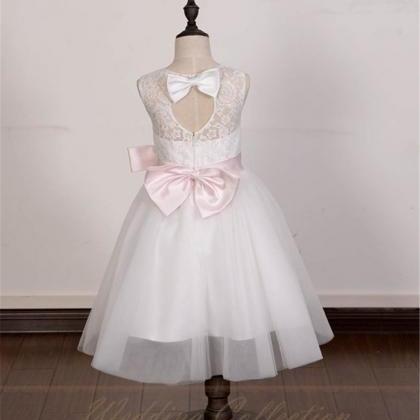 White Ivory Lace Tulle Flower Girl Dress With Pale..