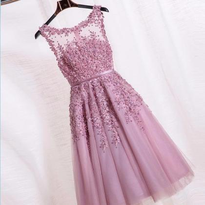 Dust Pink Beaded Lace Appliques Short Prom Dresses..