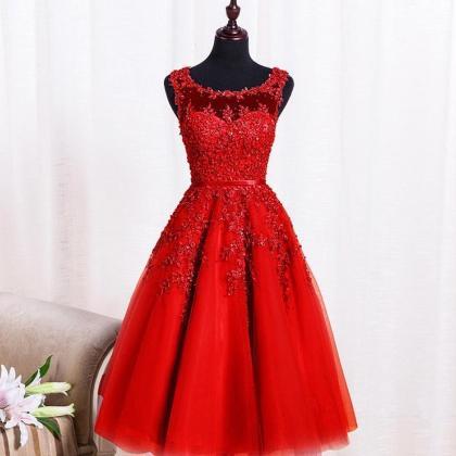 Red Beaded Lace Appliques Short Prom Dresses Robe..