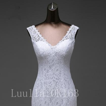 Women Fashion V Neck White/ivory Wedding Dress..