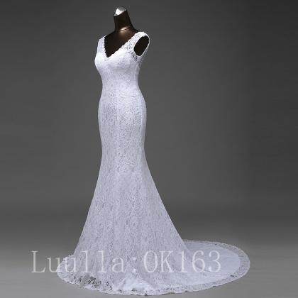 Women Fashion V Neck White/ivory Wedding Dress..
