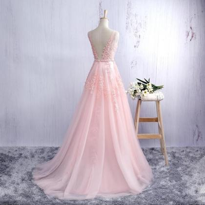 Pink V Neck Tulle Prom Dress, Open Back A Line..