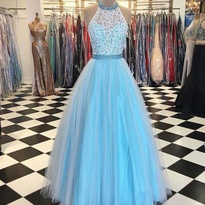 Blue High Neck Lace Tulle Long Prom Dress, Lace..