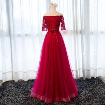 Fuchsia Evening Dress Long Short Sleeve Prom Party..