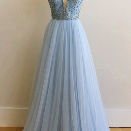 Plunging V Beaded A-line Long Prom Dress, Evening..