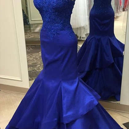 Blue Lace One Shoulder Mermaid Long Dresses,formal..
