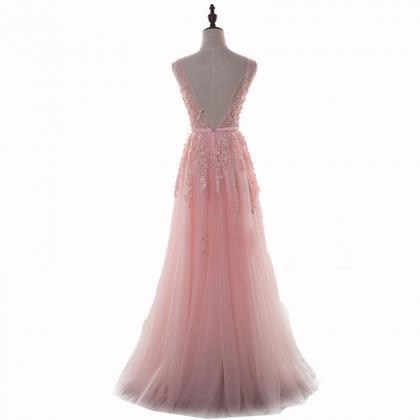 Pink V-neck Prom Dresses Long Sexy 2017 Imported..