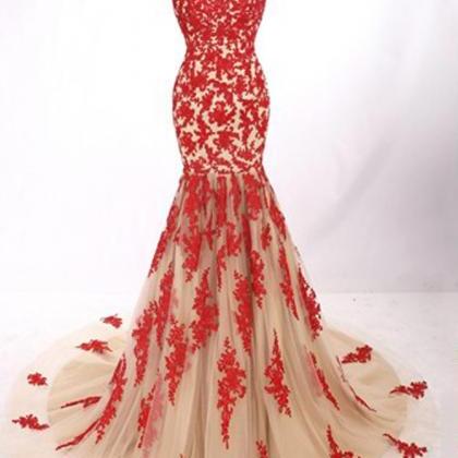 Prom Dress, Red Modern Jewel Cap Sleeves Sweep..